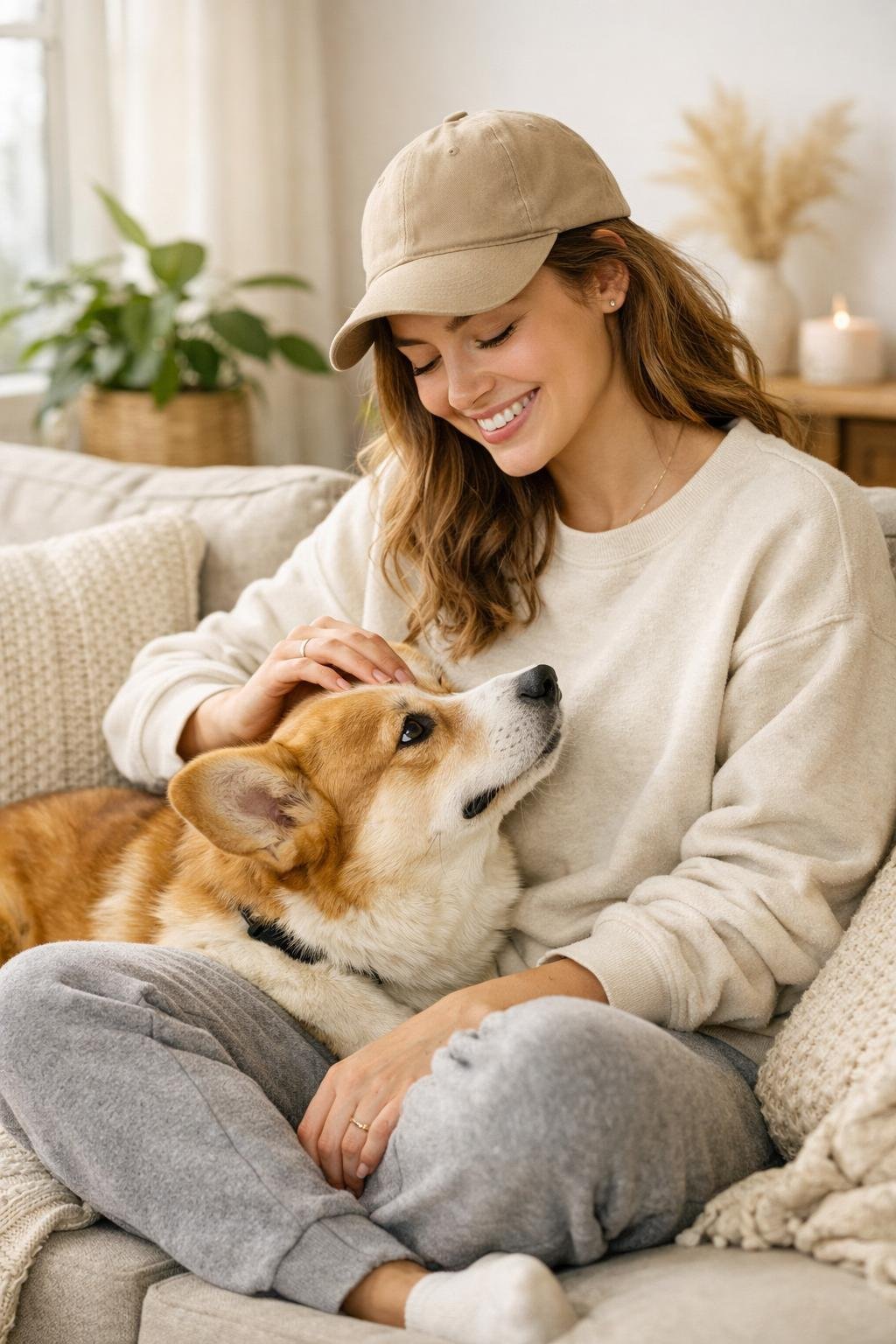 A woman sitting on a couch smiling and interacting with her dog inside a bright living room.