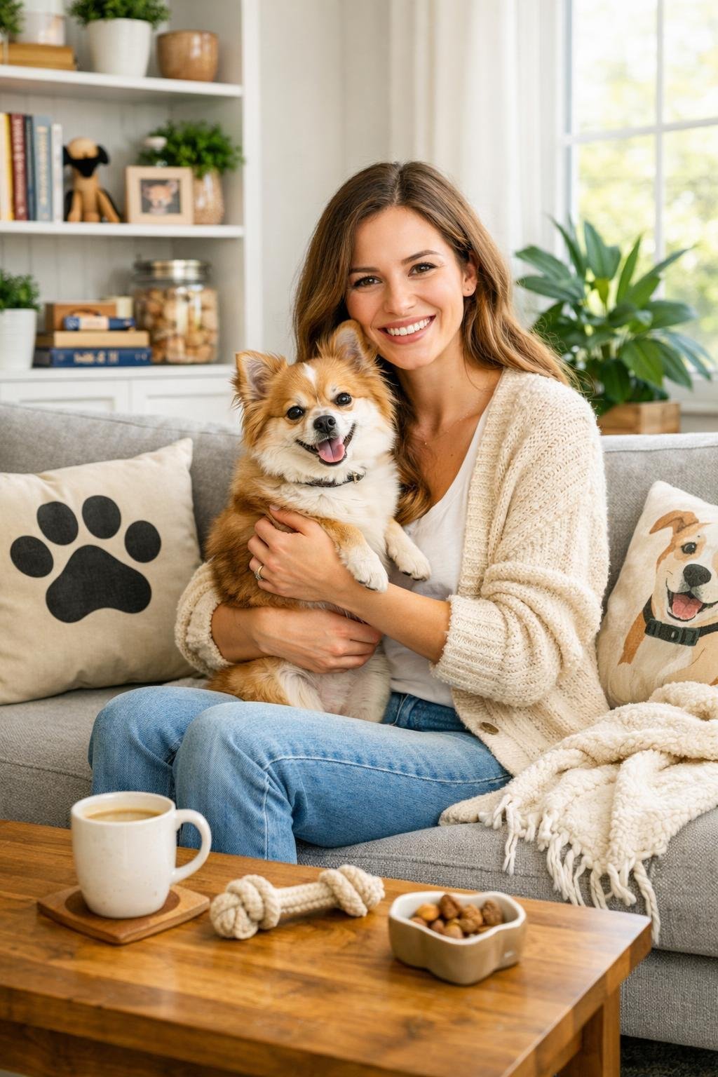 A woman holding a small dog in a cozy living room with dog-themed decor and natural light.