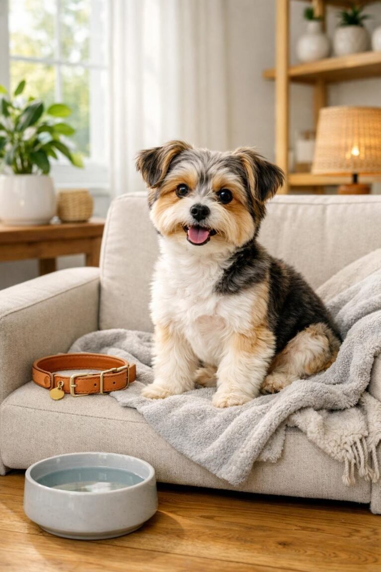 A small, well-groomed dog sitting on a plush armchair in a bright, cozy living room with natural light and pet care items nearby.
