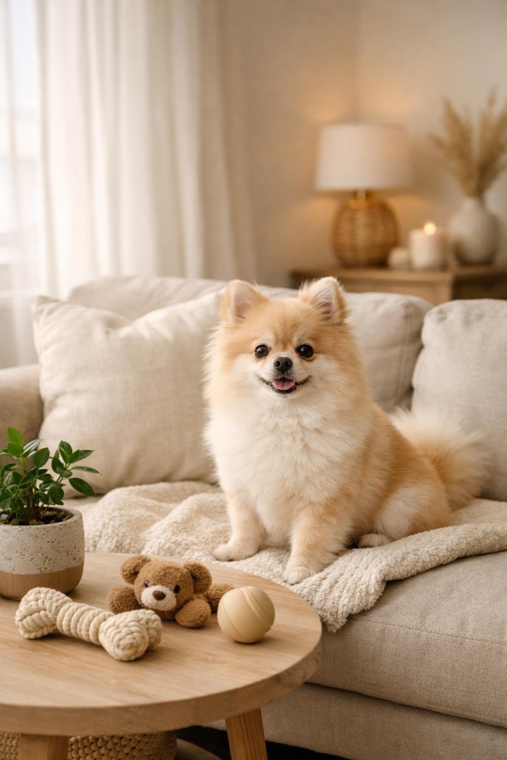 The Ultimate Small Dog Aesthetic Guide That Every Dog Parent Should Read: Style, Care & Inspiration A small dog sitting on a sofa in a cozy living room with soft lighting and home decor.