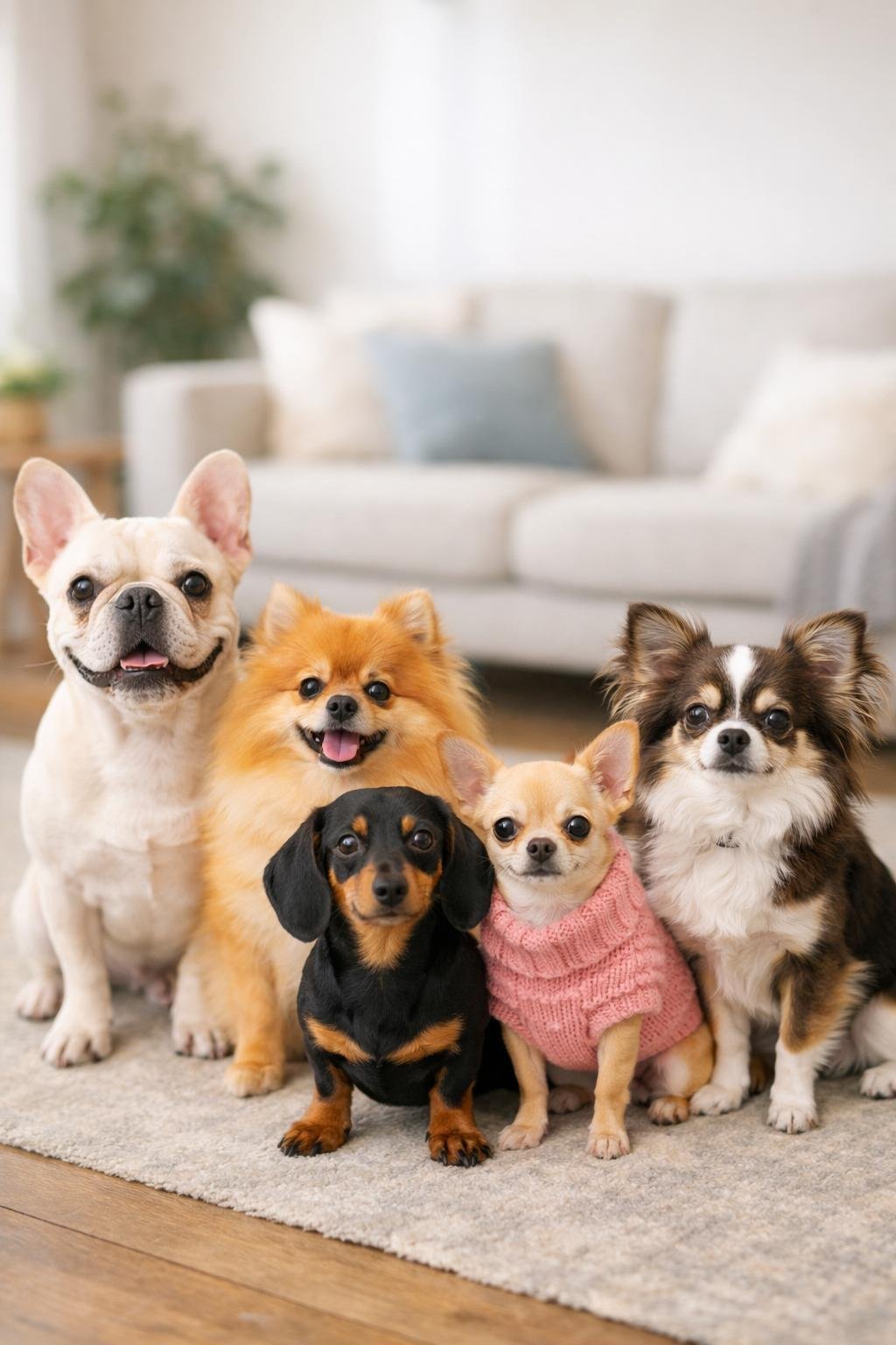 The Ultimate Small Dog Aesthetic Guide That Every Dog Parent Should Read: Style, Care & Inspiration Several small dogs of different breeds sitting and standing together in a bright indoor room with home furnishings.