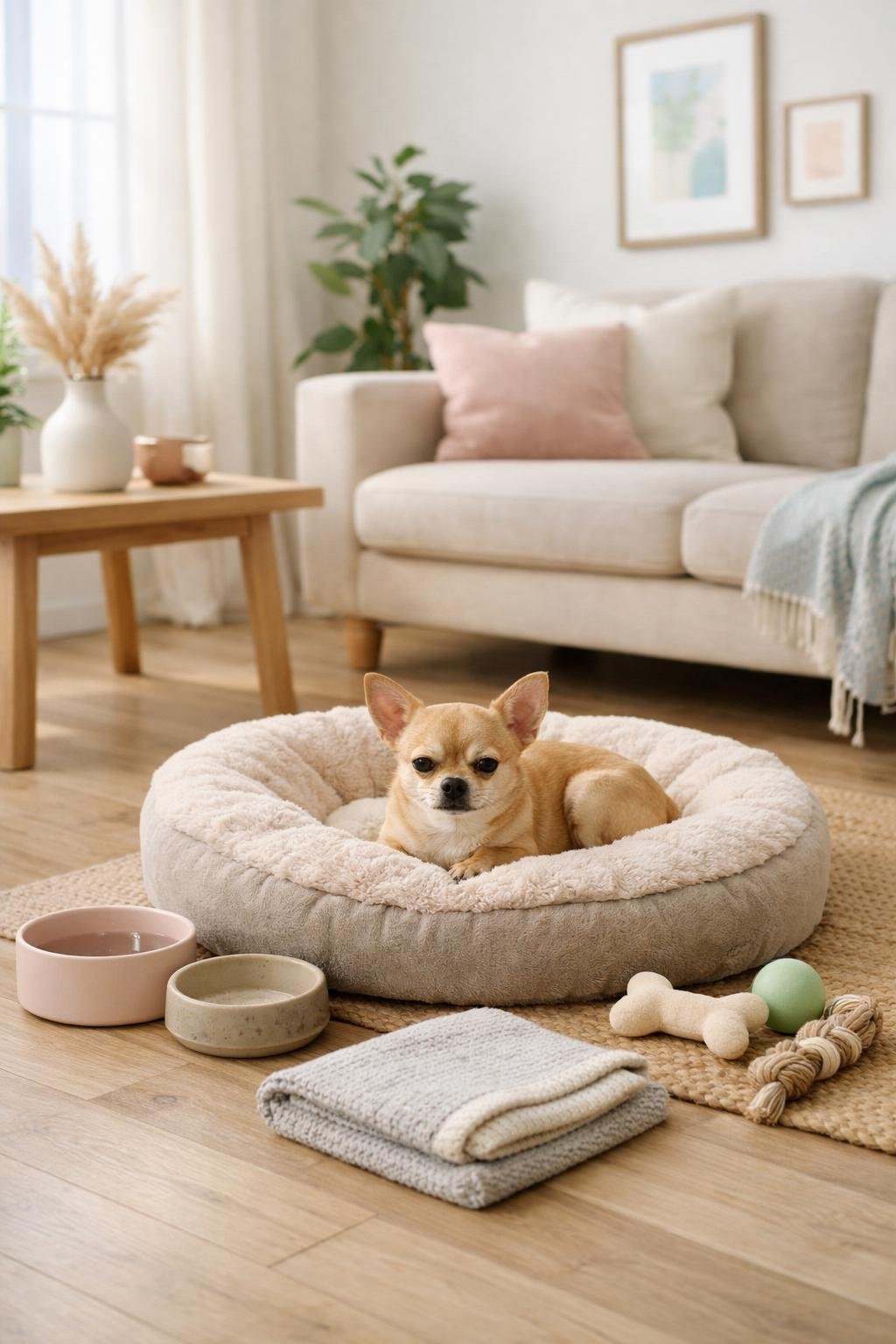 The Ultimate Small Dog Aesthetic Guide That Every Dog Parent Should Read: Style, Care & Inspiration A small dog resting on a plush bed in a bright, cozy living room with pet accessories and home decor around.
