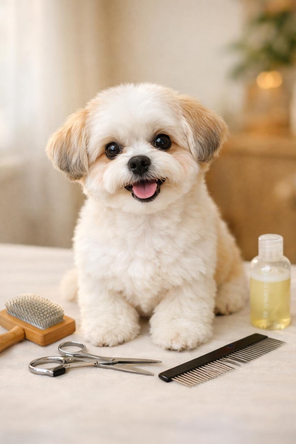 The Ultimate Small Dog Aesthetic Guide That Every Dog Parent Should Read: Style, Care & Inspiration A small, fluffy dog sitting on a light surface with grooming tools nearby.
