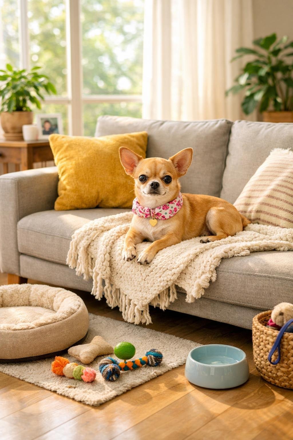 The Ultimate Small Dog Aesthetic Guide That Every Dog Parent Should Read: Style, Care & Inspiration A small dog sitting on a couch in a bright living room with dog accessories and plants nearby.