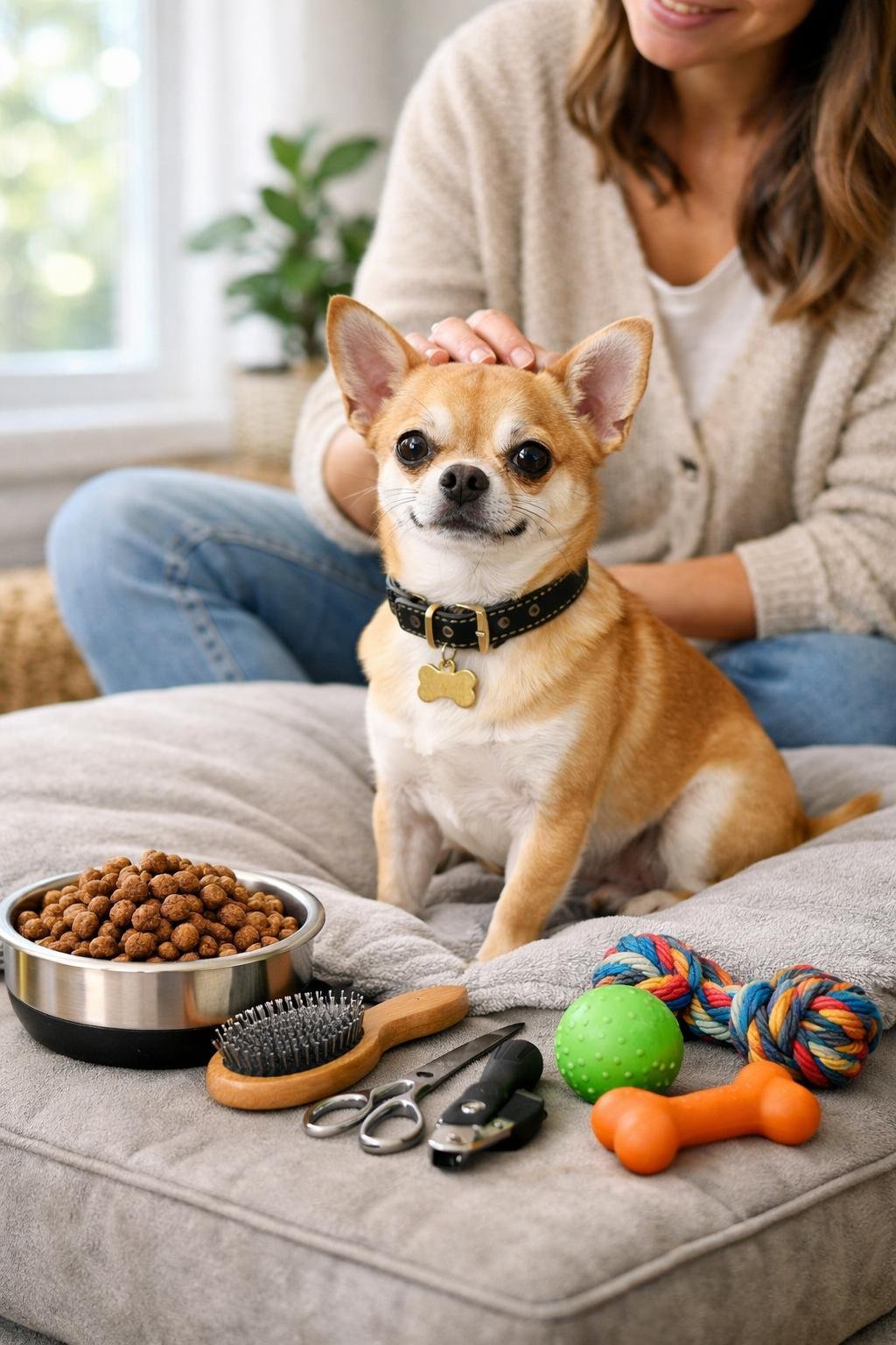 The Ultimate Small Dog Aesthetic Guide That Every Dog Parent Should Read: Style, Care & Inspiration A small dog sitting indoors with a dog owner nearby, surrounded by grooming tools, dog food, and toys.