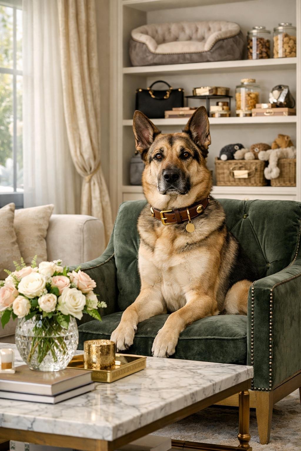A large dog sitting on a velvet armchair in a stylish living room with designer furniture and dog accessories.