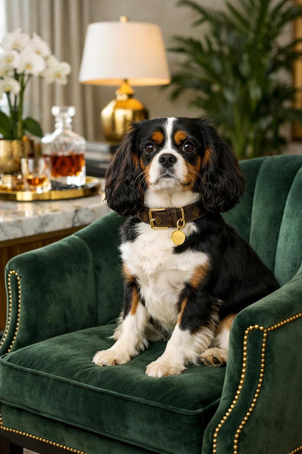 A well-groomed dog sitting on a velvet armchair in a stylish living room with elegant decor.