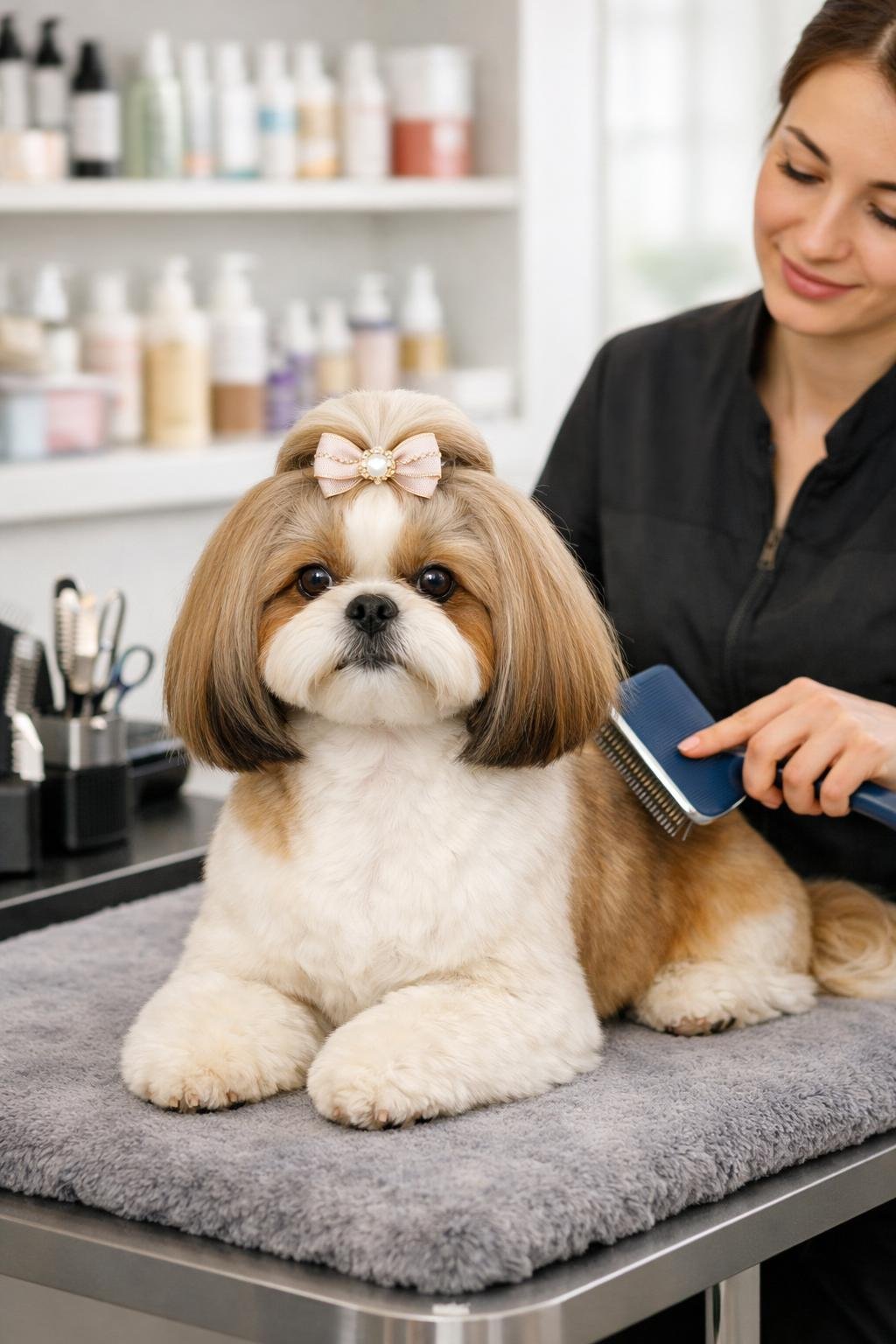 A well-groomed dog sitting on a grooming table with a groomer brushing its fur in a clean pet salon. The essence of Rich Dog Aesthetic.