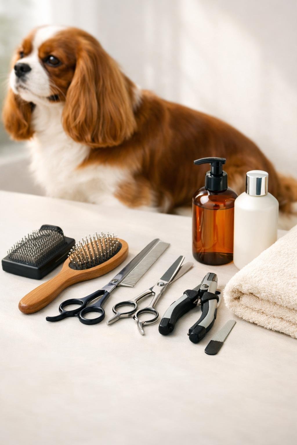 A collection of dog grooming tools and supplies arranged neatly with a well-groomed dog partially visible in the background.