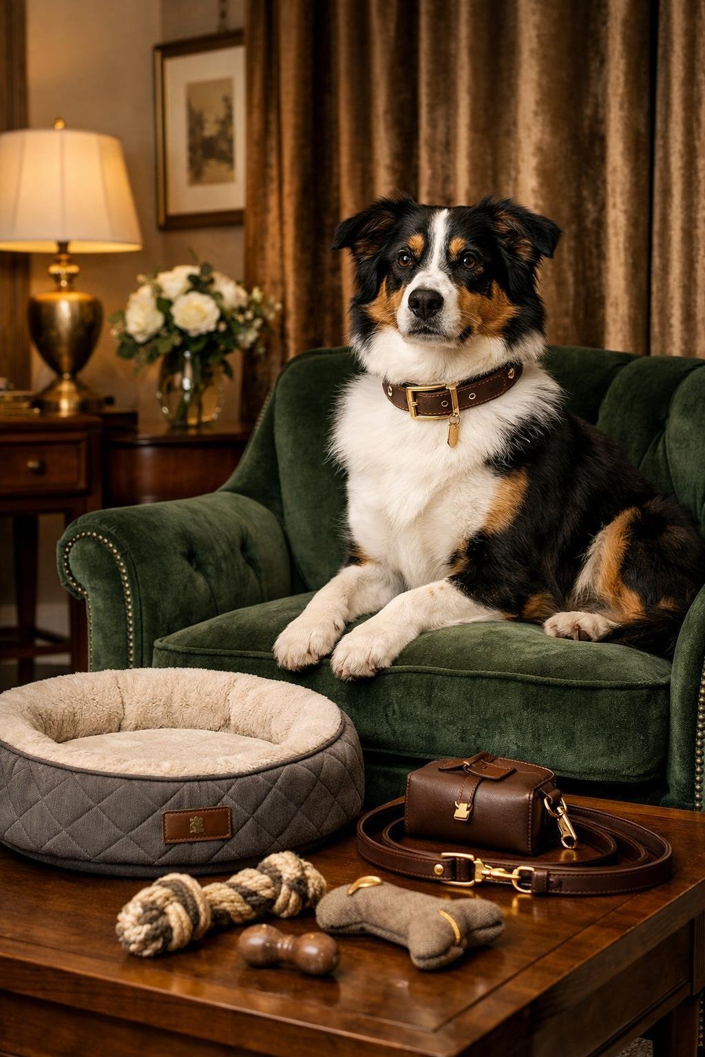 A well-groomed dog sitting on a plush armchair in a stylish living room with elegant pet accessories around.