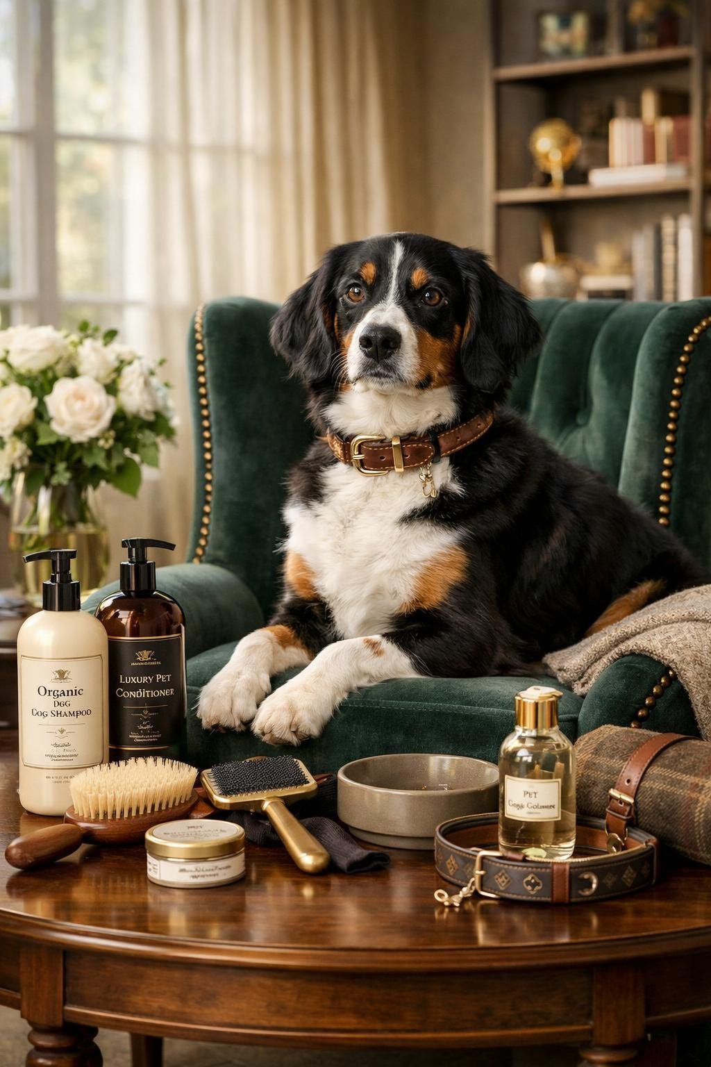 A well-groomed dog sitting on a plush armchair surrounded by premium pet care products in a bright, elegant room.