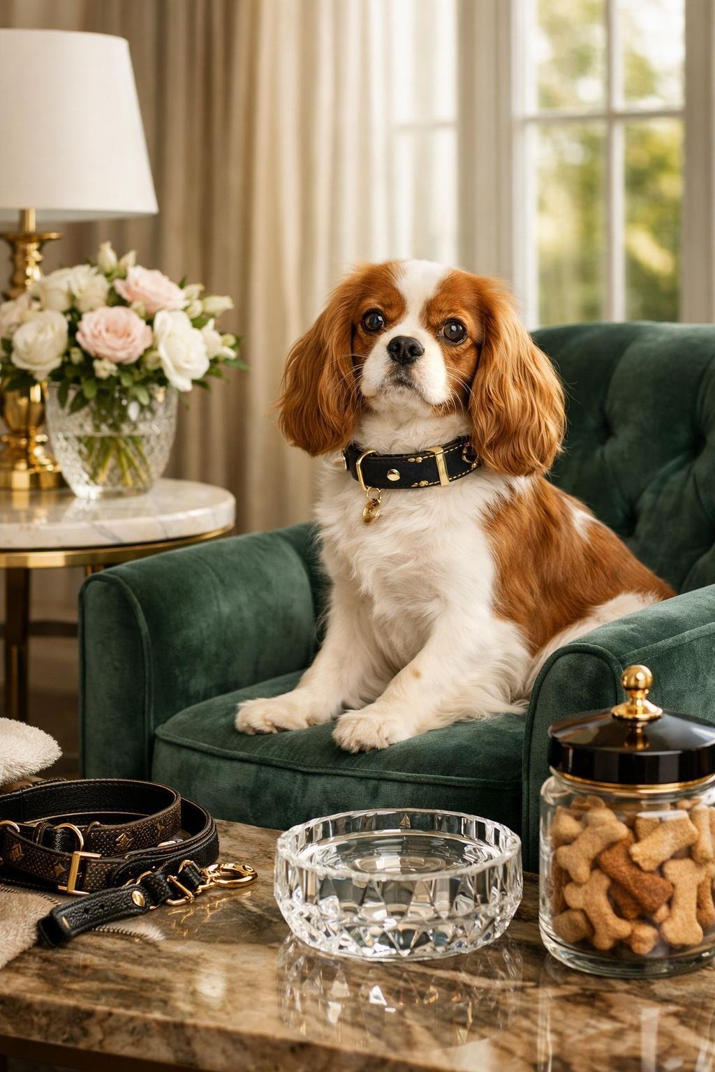 A well-groomed dog sitting on a plush armchair in an elegant living room with luxury dog accessories around.