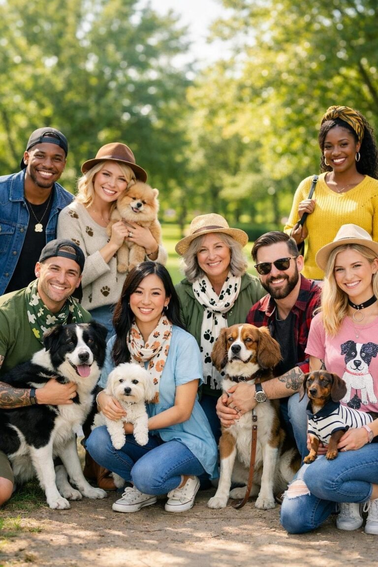 Ten people outdoors in a park, each with a dog, smiling and interacting affectionately with their pets.
