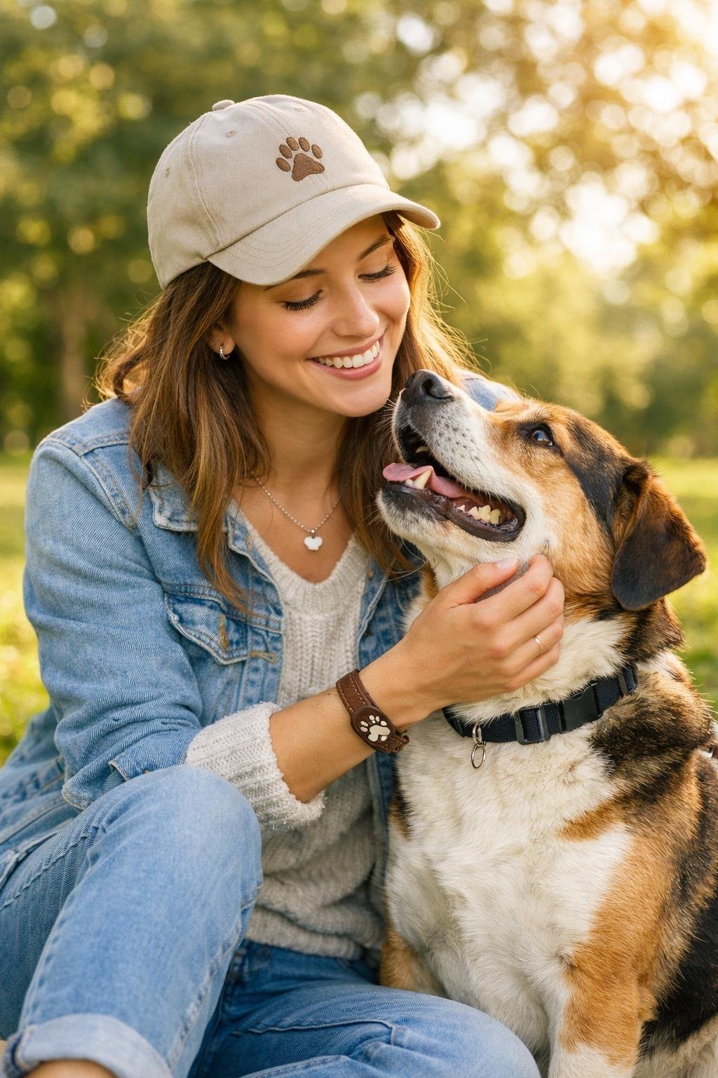 10 Dog Lover Aesthetic Looks That Are Giving Everything – Pup-Approved Inspirations A woman sitting outdoors in a park smiling at her dog, who is sitting beside her looking up at her.