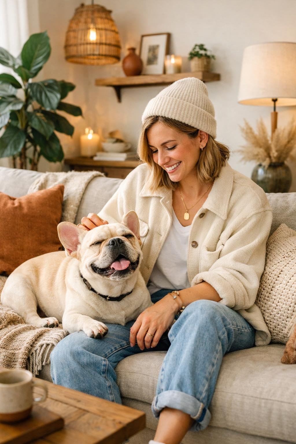 10 Dog Lover Aesthetic Looks That Are Giving Everything – Pup-Approved Inspirations A person sitting on a couch smiling and playing with their happy dog in a cozy living room.