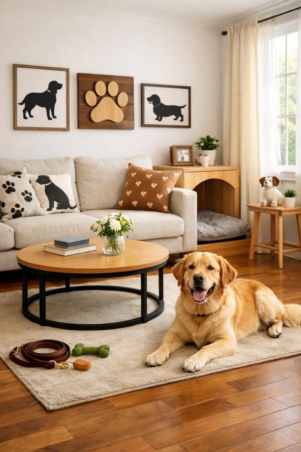 10 Dog Lover Aesthetic Looks That Are Giving Everything – Pup-Approved Inspirations A modern living room with dog-themed decor and a happy dog resting on the floor near a coffee table.