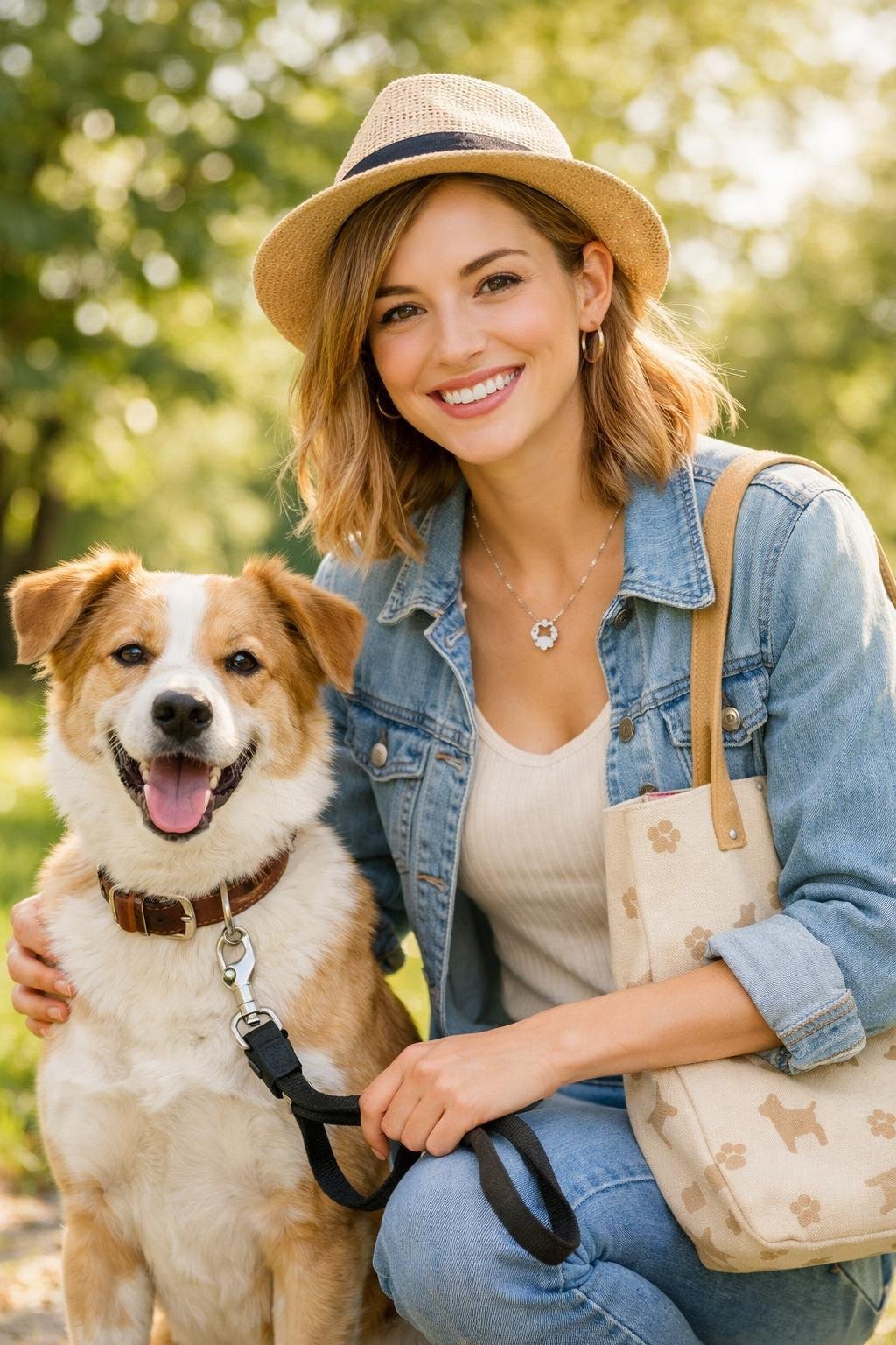 10 Dog Lover Aesthetic Looks That Are Giving Everything – Pup-Approved Inspirations A young woman outdoors smiling while holding a medium-sized dog on a leash in a sunny park.