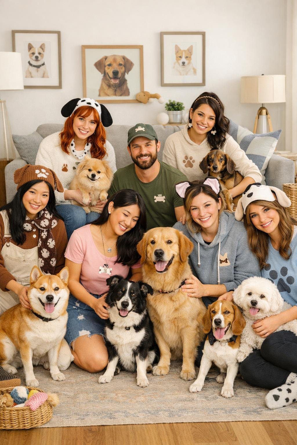 10 Dog Lover Aesthetic Looks That Are Giving Everything – Pup-Approved Inspirations A group of people wearing dog-themed outfits happily interacting with their dogs in a cozy indoor setting.