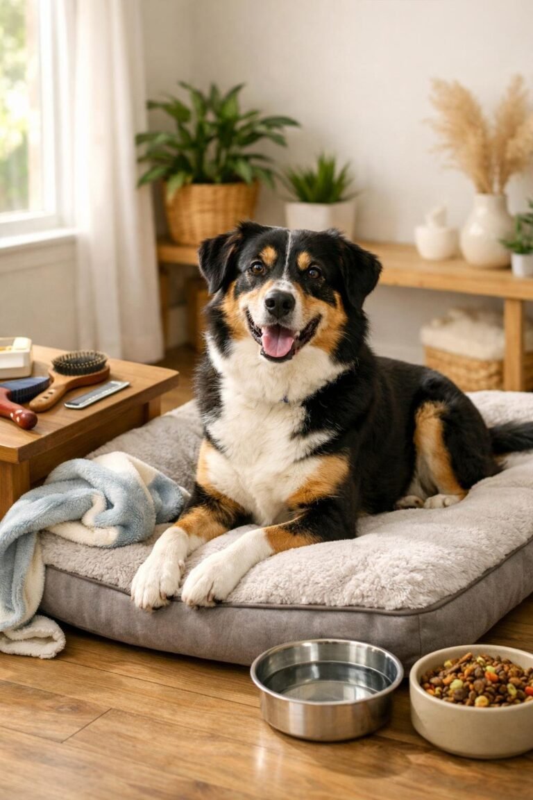 A happy, well-groomed dog sitting on a comfortable bed indoors with grooming tools and dog food nearby.Dog Care Aesthetic