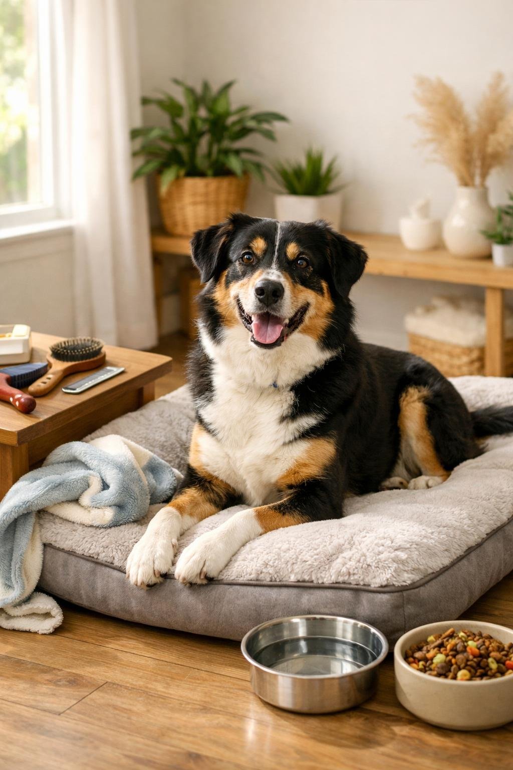 12 Dog Care Aesthetic Tips That Make Happy, Healthy Dogs Shine A happy, well-groomed dog sitting on a comfortable bed indoors with grooming tools and dog food nearby.Dog Care Aesthetic