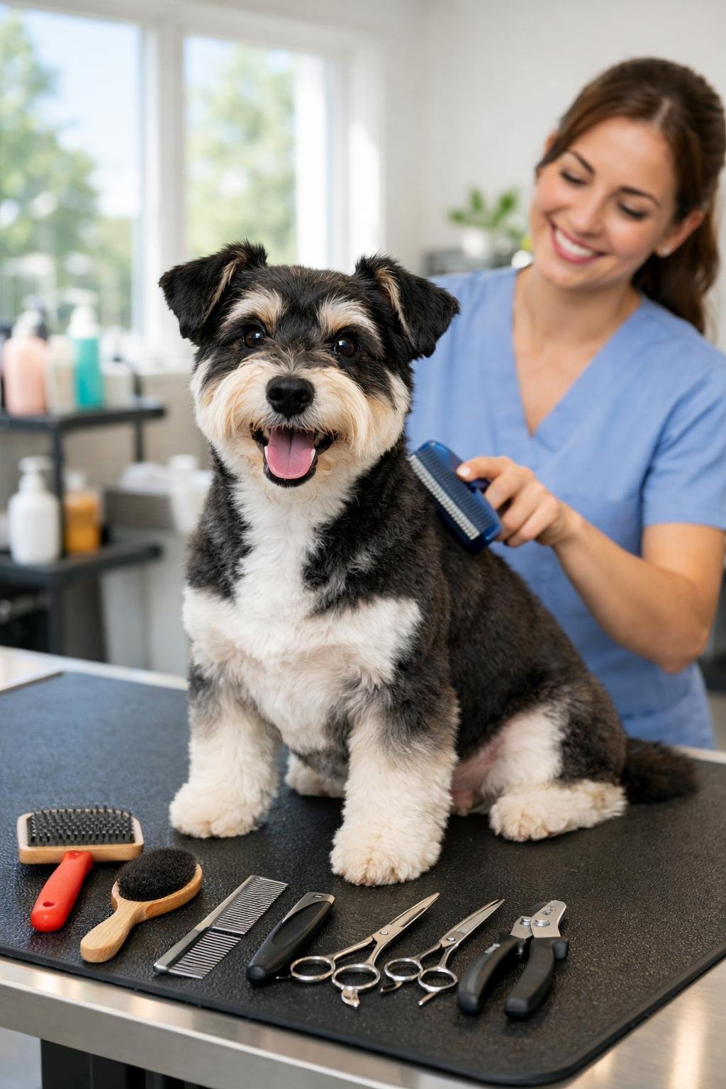 12 Dog Care Aesthetic Tips That Make Happy, Healthy Dogs Shine A happy dog sitting on a grooming table while a groomer brushes its fur in a bright grooming salon.