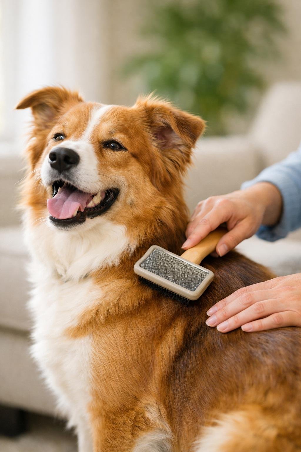 12 Dog Care Aesthetic Tips That Make Happy, Healthy Dogs Shine A person gently brushing a happy dog with a shiny coat in a bright, clean setting.