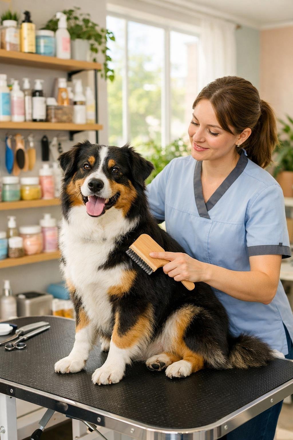 12 Dog Care Aesthetic Tips That Make Happy, Healthy Dogs Shine A groomer brushing a happy dog with shiny fur on a grooming table inside a bright pet salon.