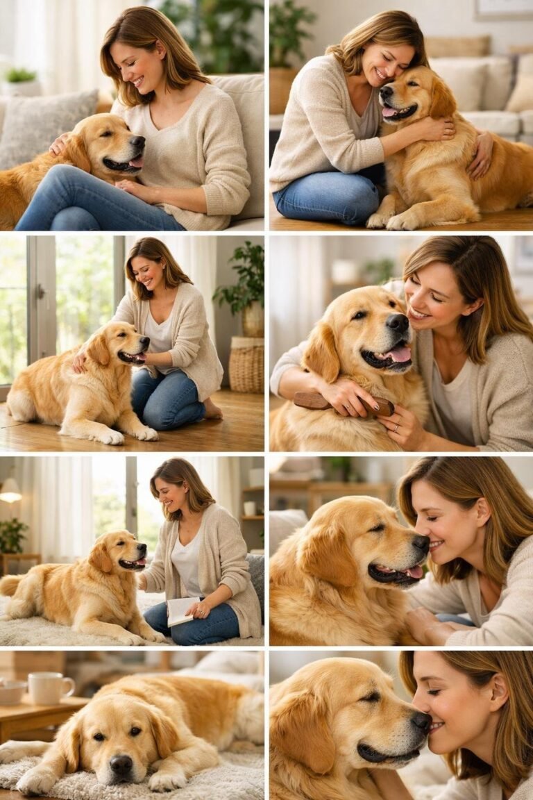 A mother and her golden retriever dog share loving moments together in a bright, comfortable living room, showing close interactions like hugging, playing, and walking side by side.
