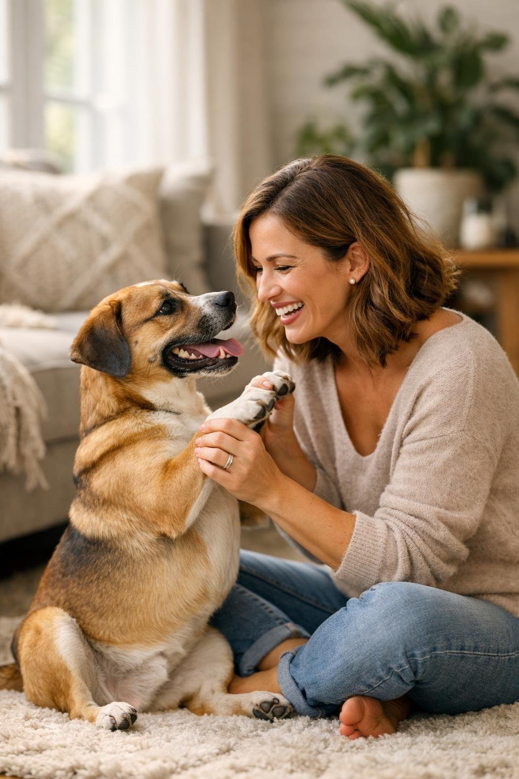 A mother sitting on the floor at home playing and smiling with her dog in a cozy living room.