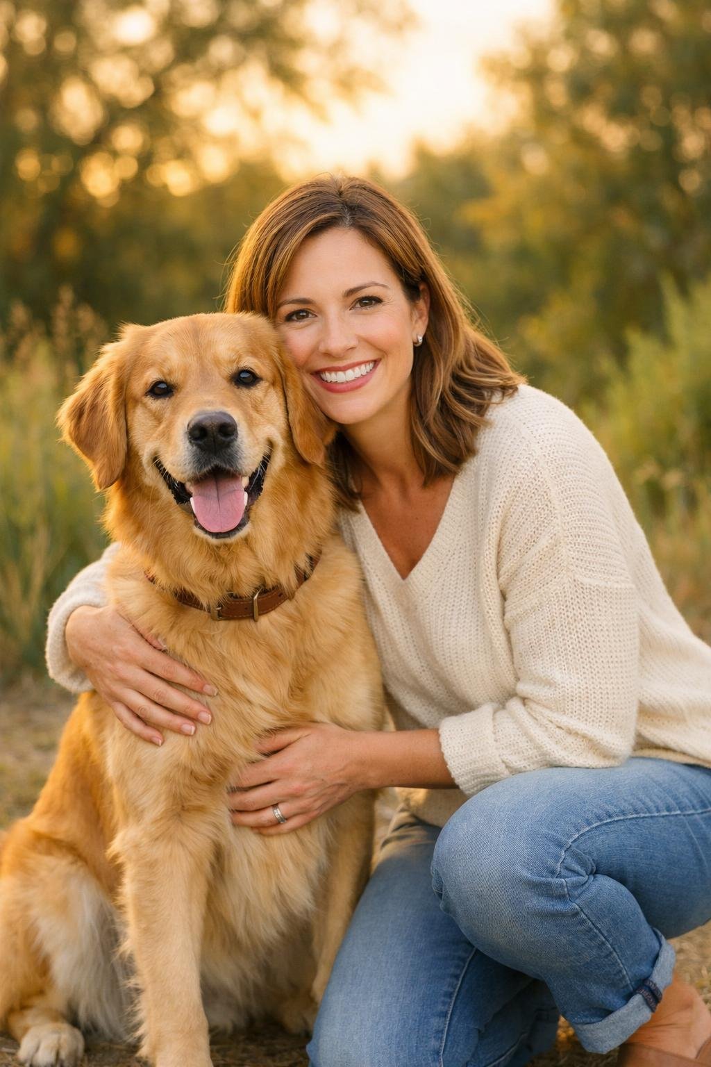A mother kneeling outdoors next to her golden retriever, both smiling and looking at the camera.