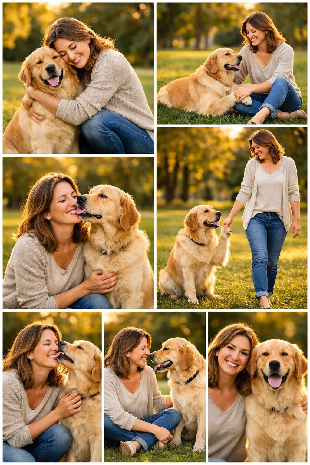 A mother and her golden retriever dog sharing affectionate and joyful moments together outdoors in a sunlit park.