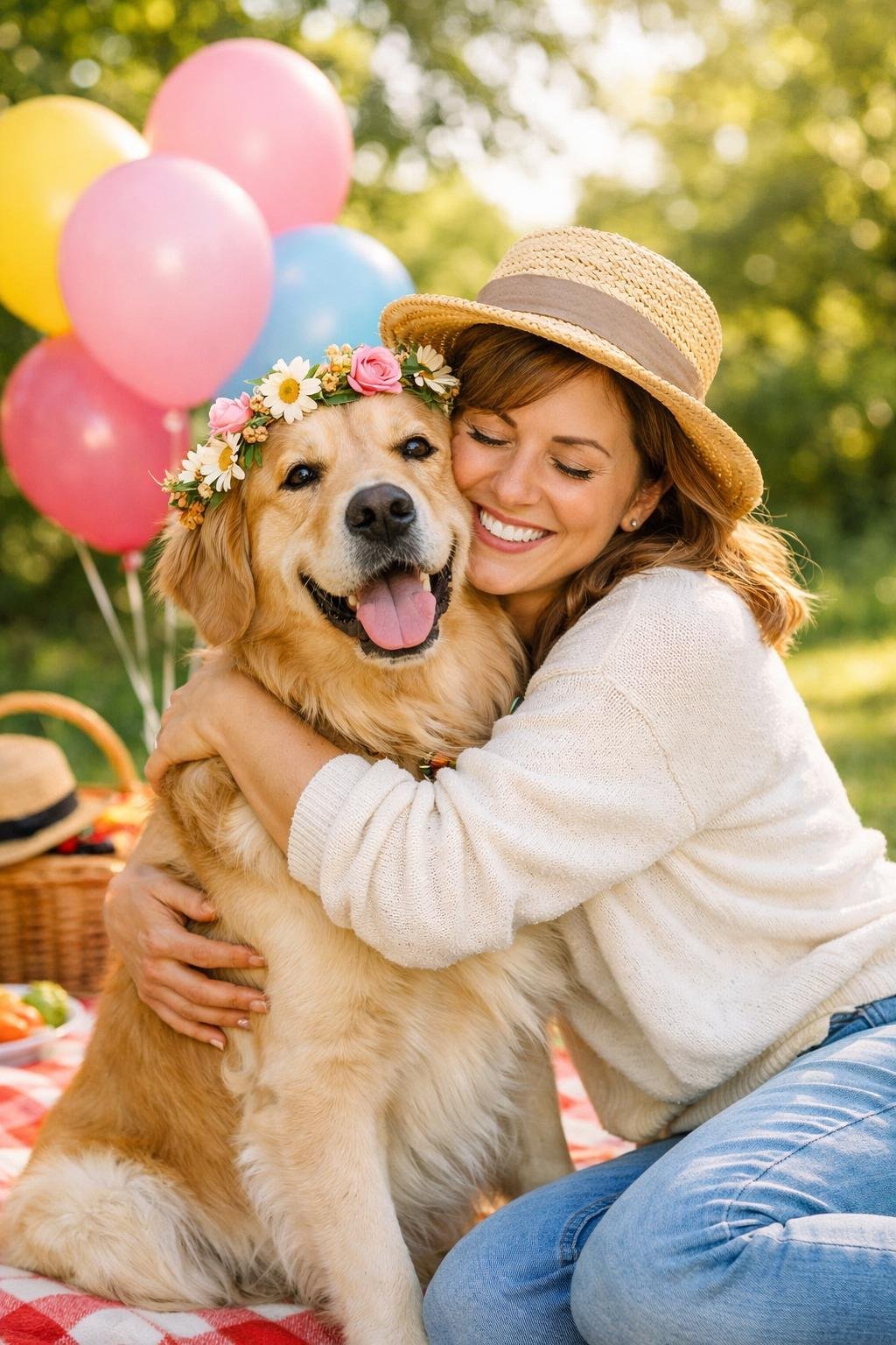 A mother and her golden retriever dog sharing a joyful moment outdoors with colorful balloons and a picnic blanket.