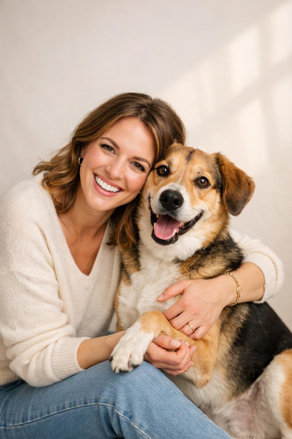 A mother smiling and posing with her dog indoors, both looking happy and connected.