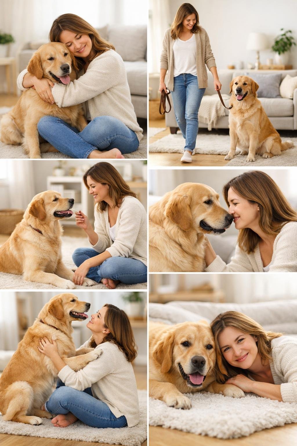 A mother and her dog posing together in seven different affectionate and playful ways inside a bright living room.