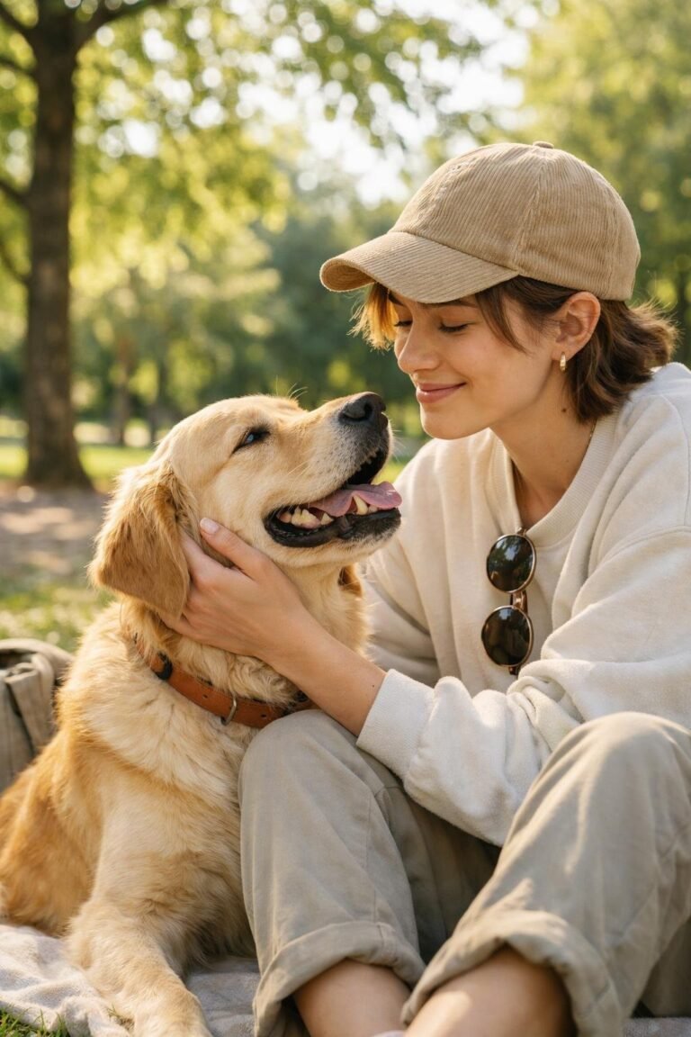 A person sitting outdoors in a park holding and looking affectionately at a medium-sized dog on a sunny day.