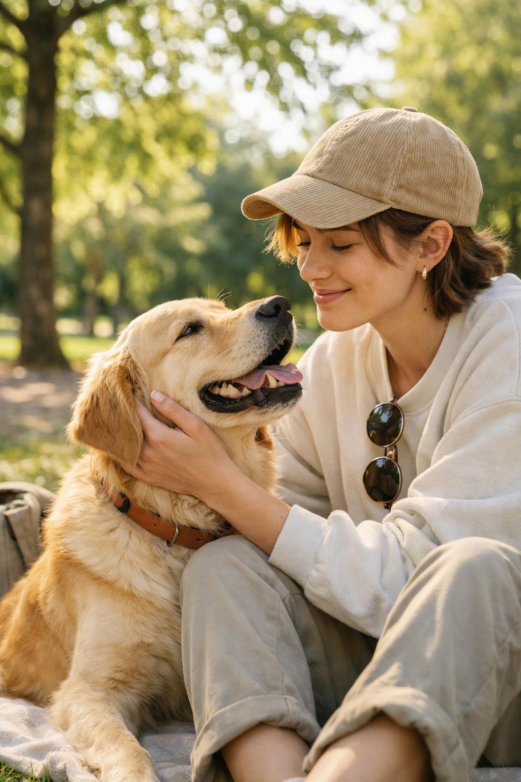 A person sitting outdoors in a park holding and looking affectionately at a medium-sized dog on a sunny day.