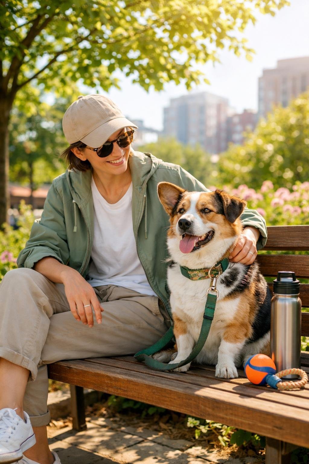 A person sitting on a park bench with their dog beside them, surrounded by trees and sunlight.