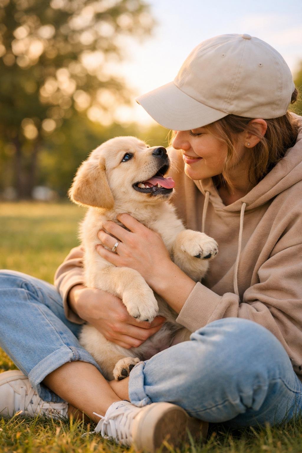 A person sitting on grass outdoors, lovingly holding and playing with a happy puppy.