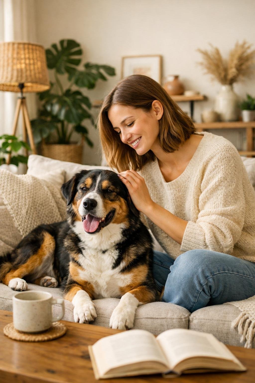 A person sitting in a bright living room petting a happy dog, surrounded by cozy home decor.