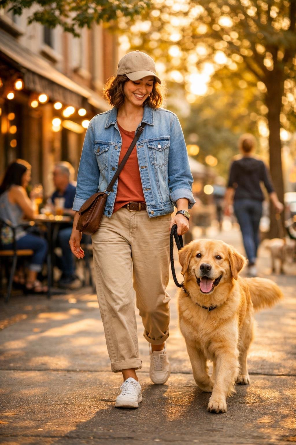 A young adult walking a happy dog on a tree-lined city street with people and outdoor cafés in the background.