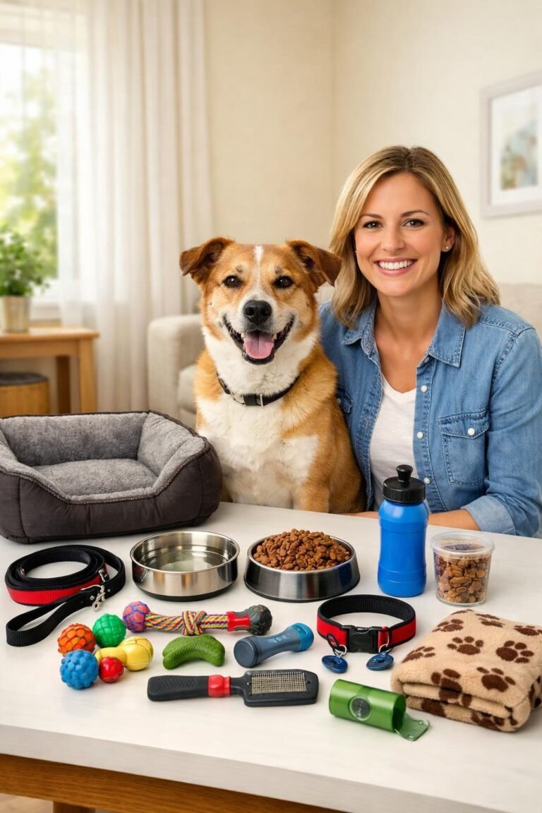 A happy dog owner sitting next to a medium-sized dog with eleven dog care items arranged on a table in a cozy living room.
