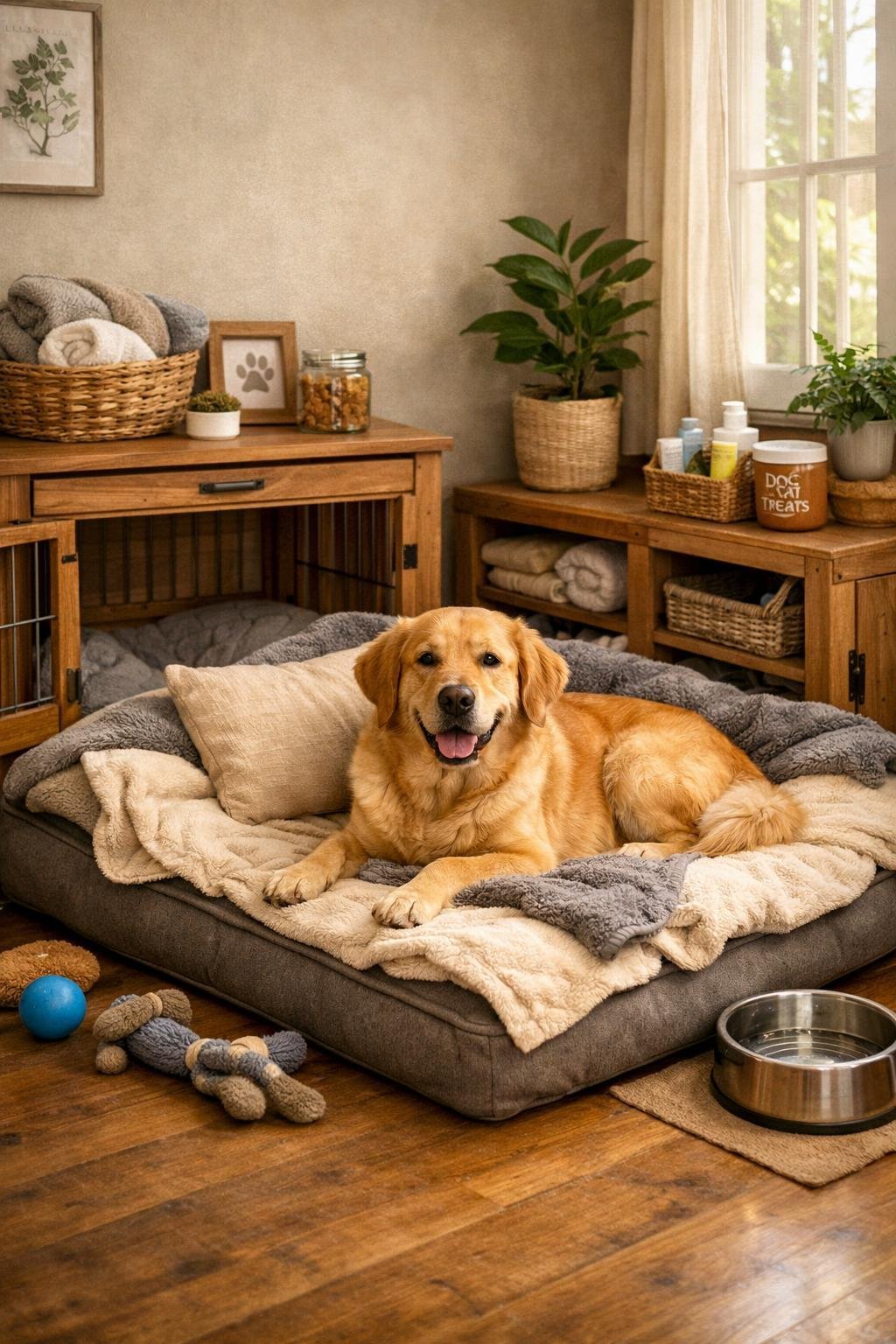 11 Dog Mommy Essentials That Will Make Your Pup the Happiest Dog on the Block: The Ultimate Must-Have List A happy dog resting on a soft bed surrounded by wooden crates and dog care items in a cozy indoor corner.