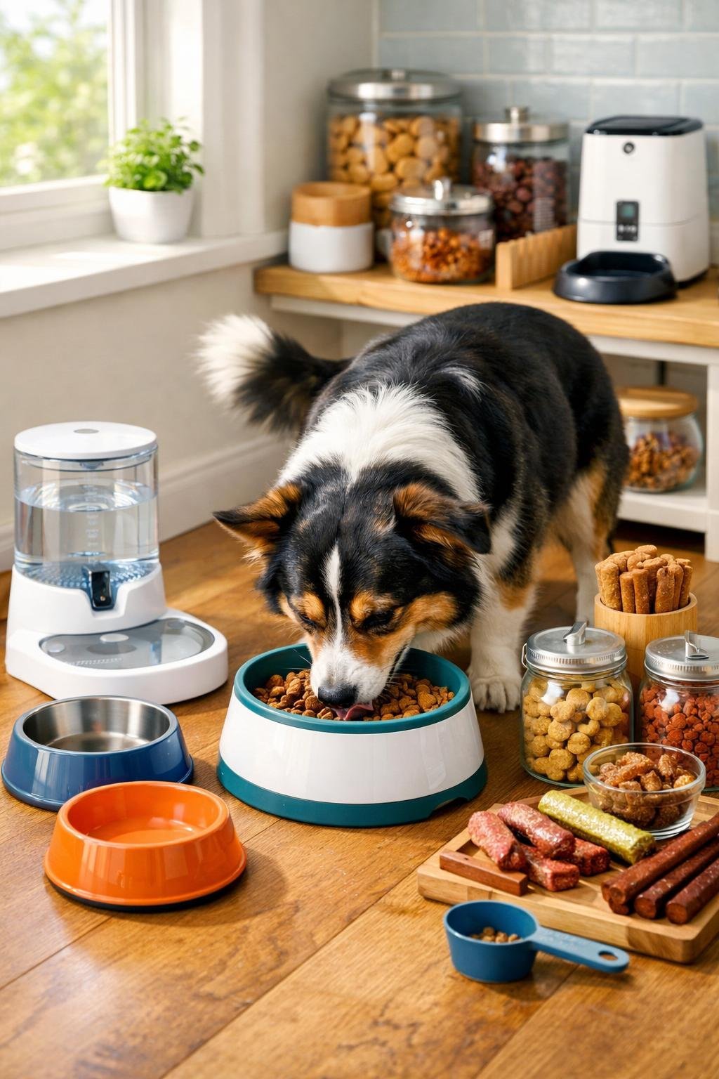 11 Dog Mommy Essentials That Will Make Your Pup the Happiest Dog on the Block: The Ultimate Must-Have List A happy dog eating from a bowl surrounded by pet feeding supplies including bowls, treats, and a water dispenser in a clean kitchen.