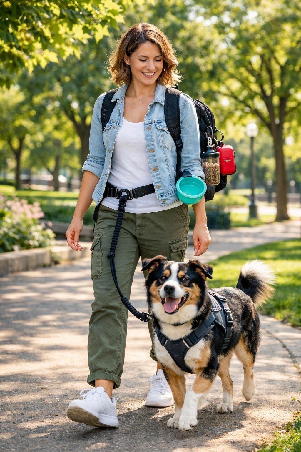 11 Dog Mommy Essentials That Will Make Your Pup the Happiest Dog on the Block: The Ultimate Must-Have List A woman walking her happy dog in a park, carrying essential dog walking and travel gear.