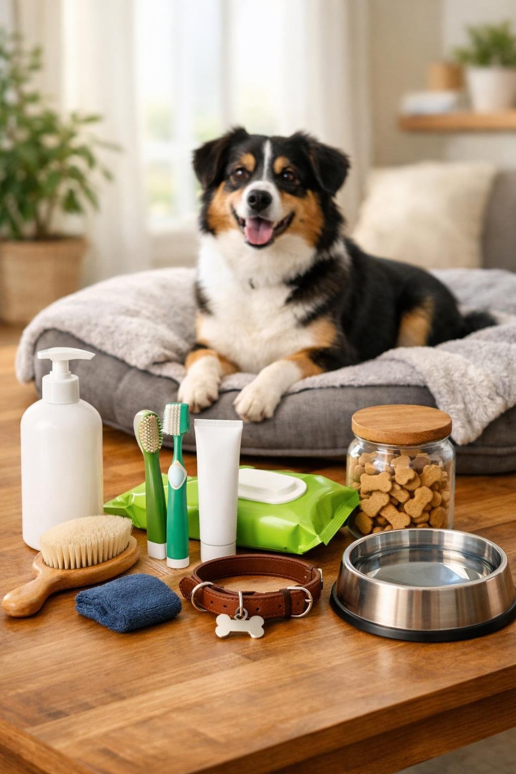 11 Dog Mommy Essentials That Will Make Your Pup the Happiest Dog on the Block: The Ultimate Must-Have List A happy medium-sized dog sitting next to an organized display of dog grooming and health products on a wooden table indoors.