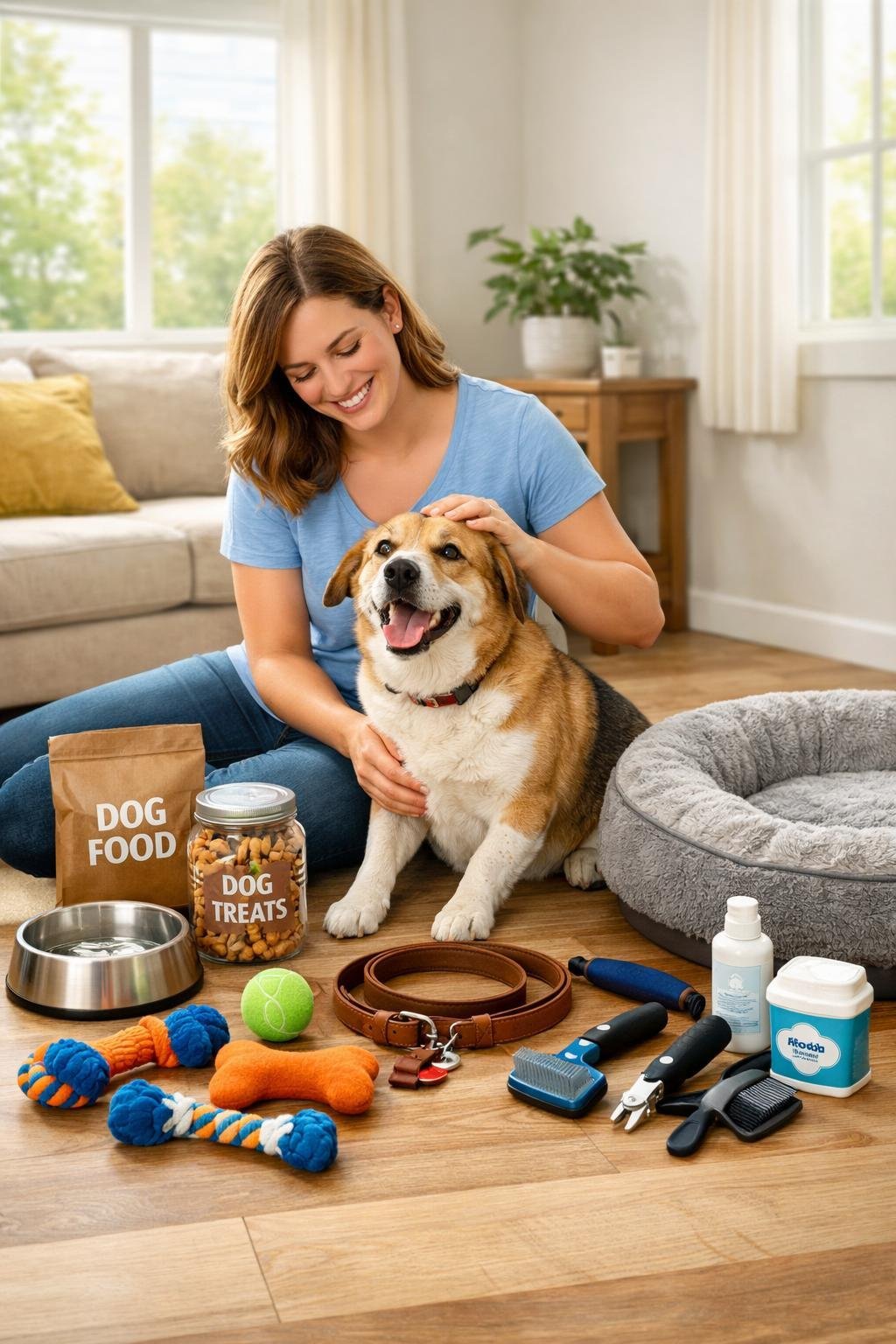 11 Dog Mommy Essentials That Will Make Your Pup the Happiest Dog on the Block: The Ultimate Must-Have List A woman smiling and petting her happy dog surrounded by dog care items like toys, treats, a leash, and a dog bed in a bright room.