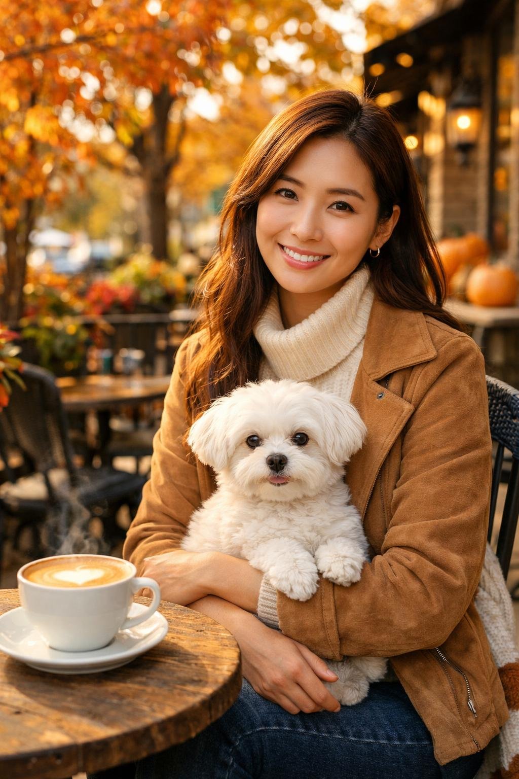 Dog mom enjoying a pet-friendly café stop on a fall road trip with her small dog