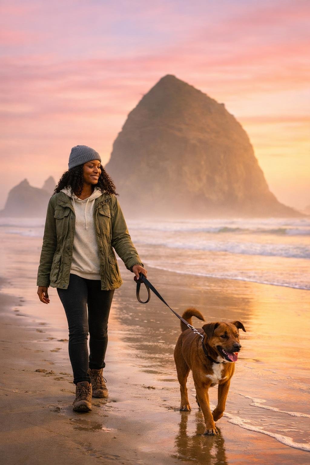Dog mom walking her dog on a pet-friendly beach in Oregon during a U.S. road trip