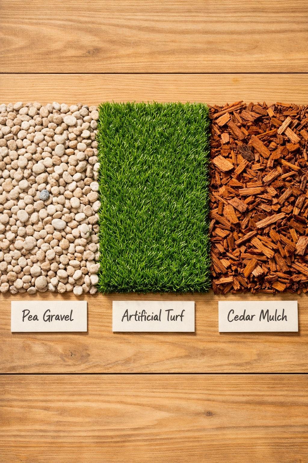 Three best ground cover options for a dog potty area outside — pea gravel, artificial turf, and cedar mulch