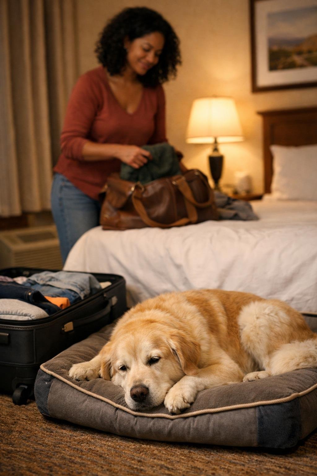 Dog resting in a pet-friendly hotel room on a U.S. road trip with dog mom
